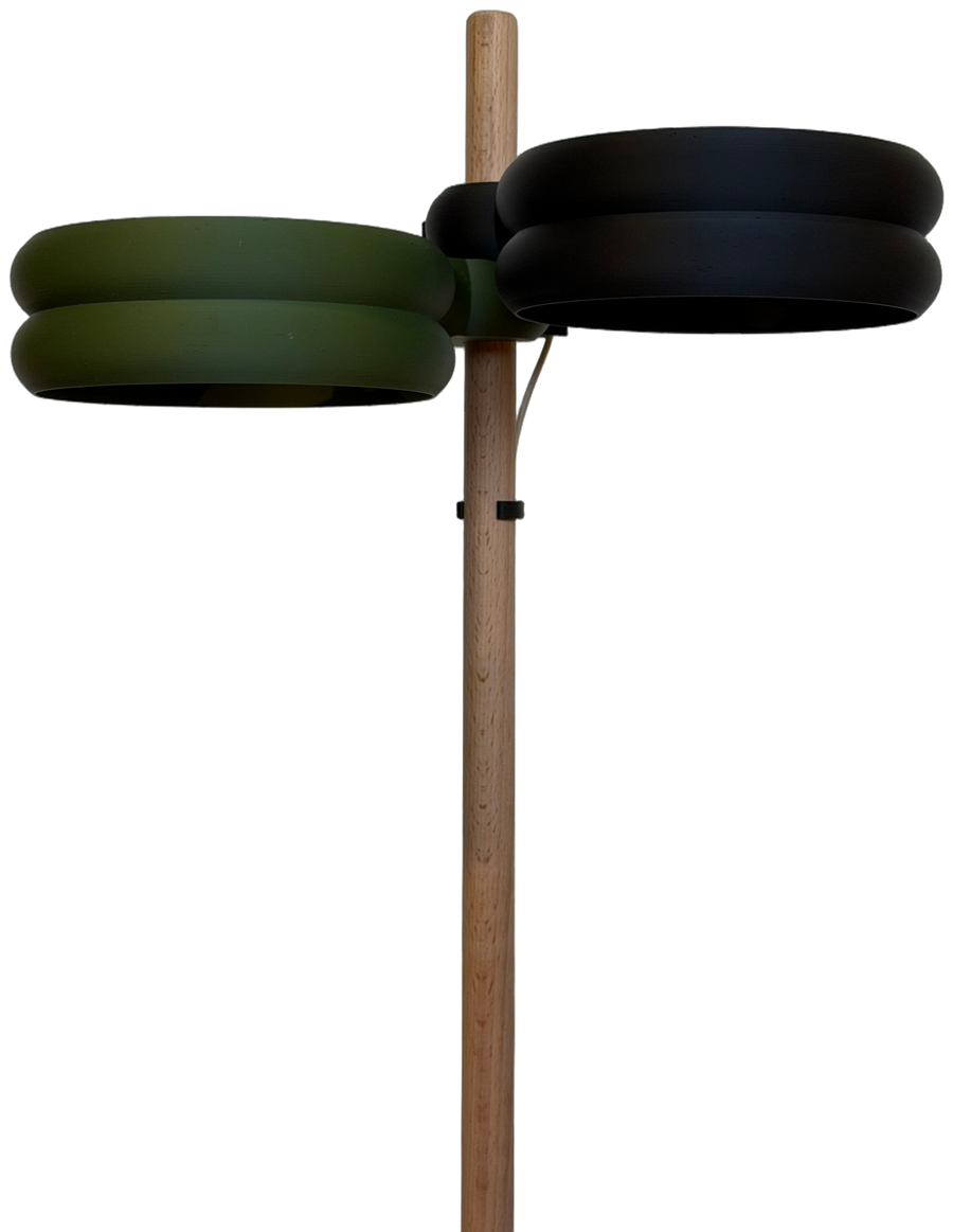 Two Sturdy Pole Grow Lights, green and black, on one beech Sturdy Pole